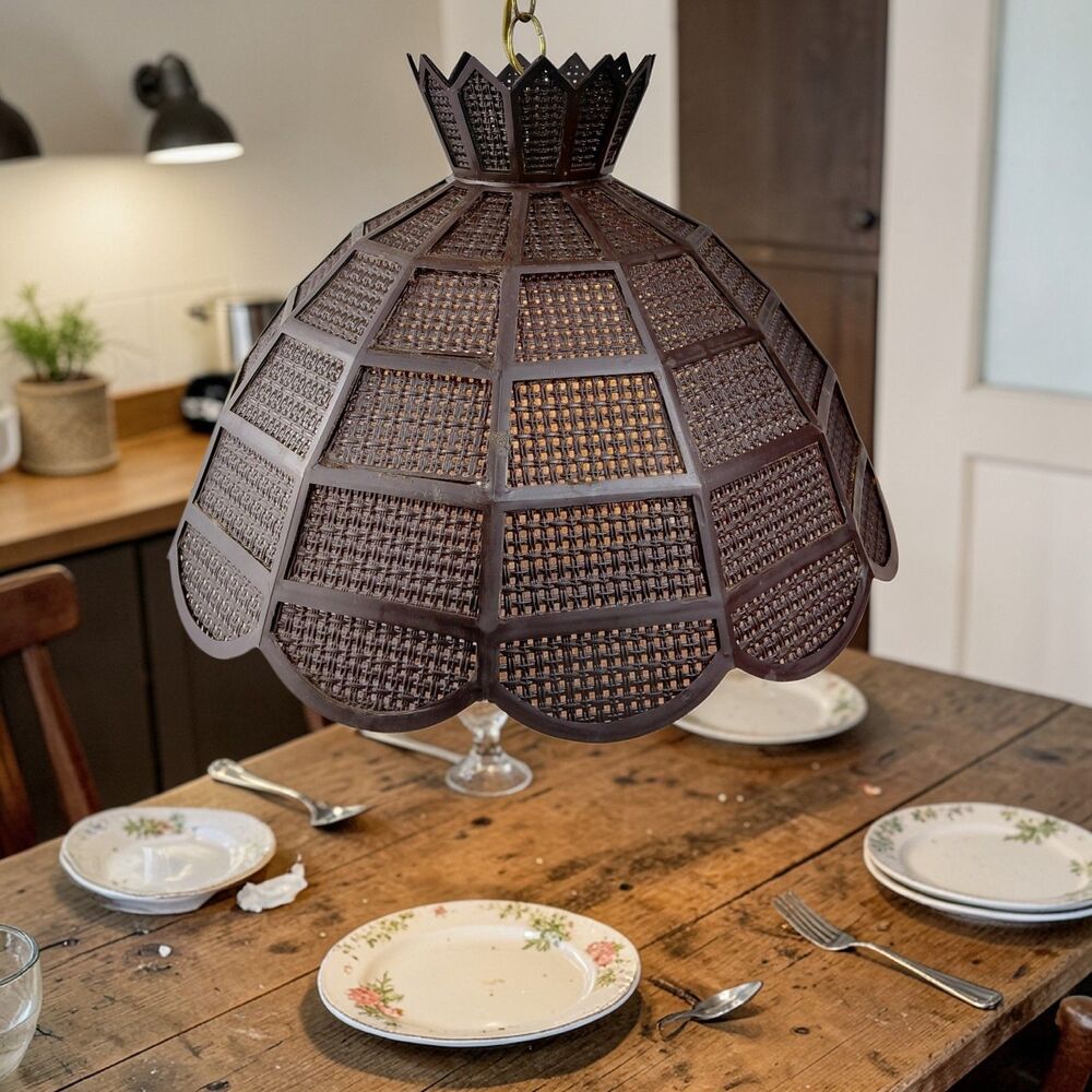 MCM Hanging Swag Lamp Brown Wicker Rattan Shade 12 ft Chain Cord Plug Vtg - Picture 3 of 16
